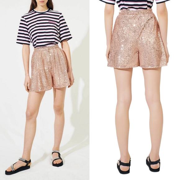 NWT MAJE Sequin Shorts In Metal Pink Size XS Rose Gold Flouncy Dress Shorts Chic - Picture 4 of 16